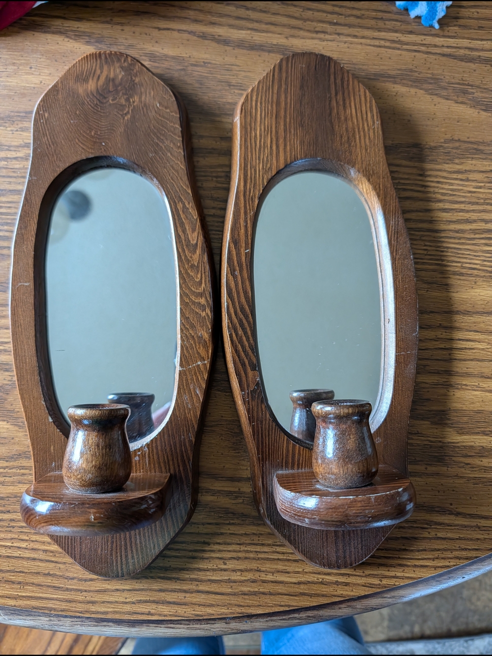 Pair Of Vintage Home Interiors Oak Wood Mirrored Candle Stick Wall Sconces 12"